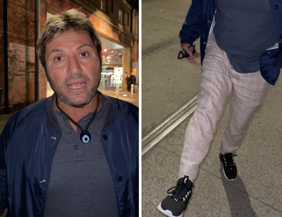 MAFS’ Nasser Sultan wearing a grey shirt, blue bomber jacket, beige plaid pants and black Puma trainers.