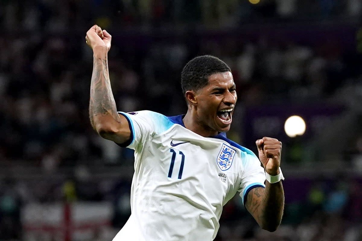 England’s Marcus Rashford celebrates his second goal against Wales (Adam Davy/PA). (PA Wire)