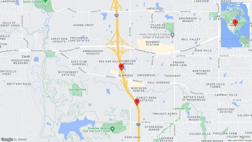 A detailed map that shows the affected road due to 'Lane on I-435 closed in Shawnee' on July 18th at 5:25 p.m.