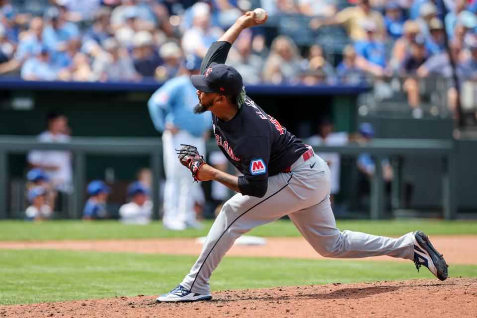 Guardians closer Emmanuel Clase pitches in the eighth inning against the Royals, June 30, 2024, in Kansas City.