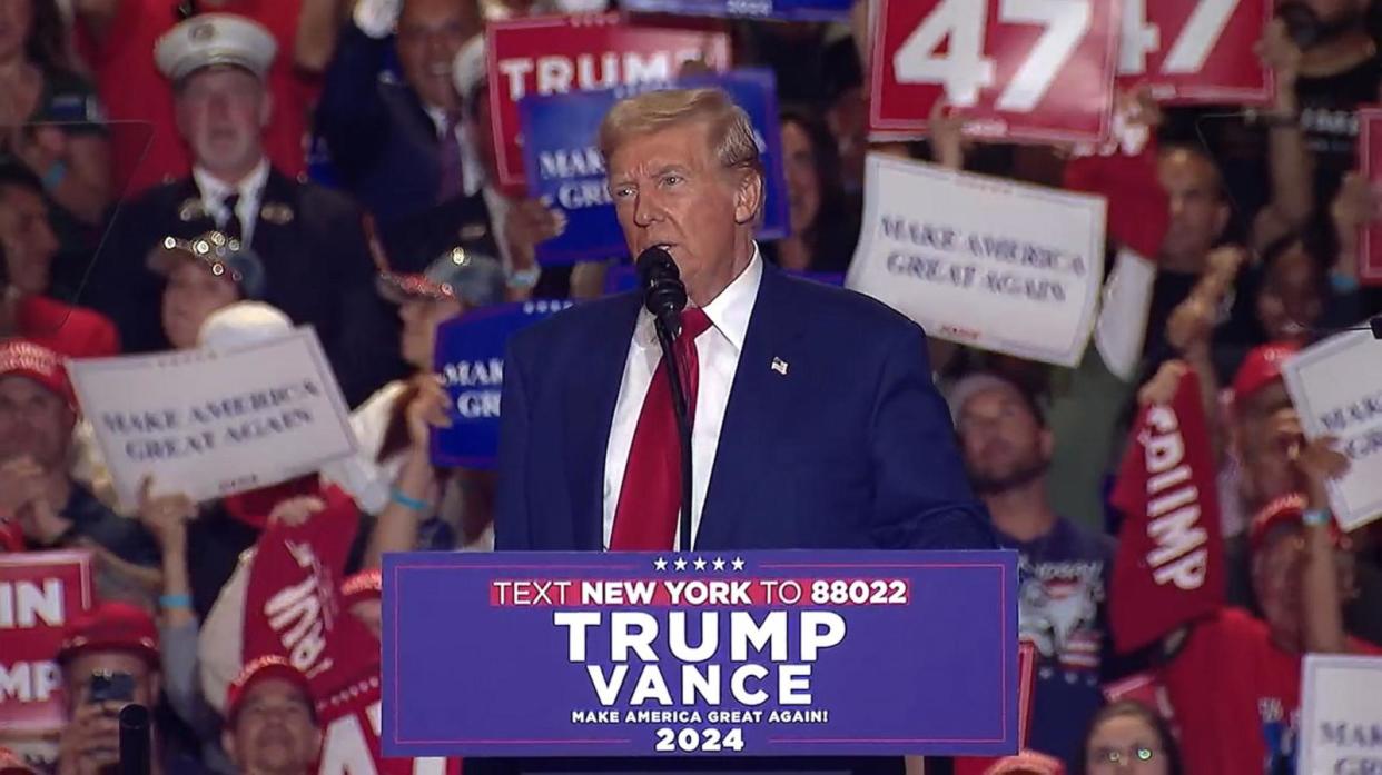 PHOTO: Republican presidential candidate former President Donald Trump speaks at a rally at Nassau Coliseum in Uniondale, New York, on Sept. 18, 2024. (Pool via ABC News)