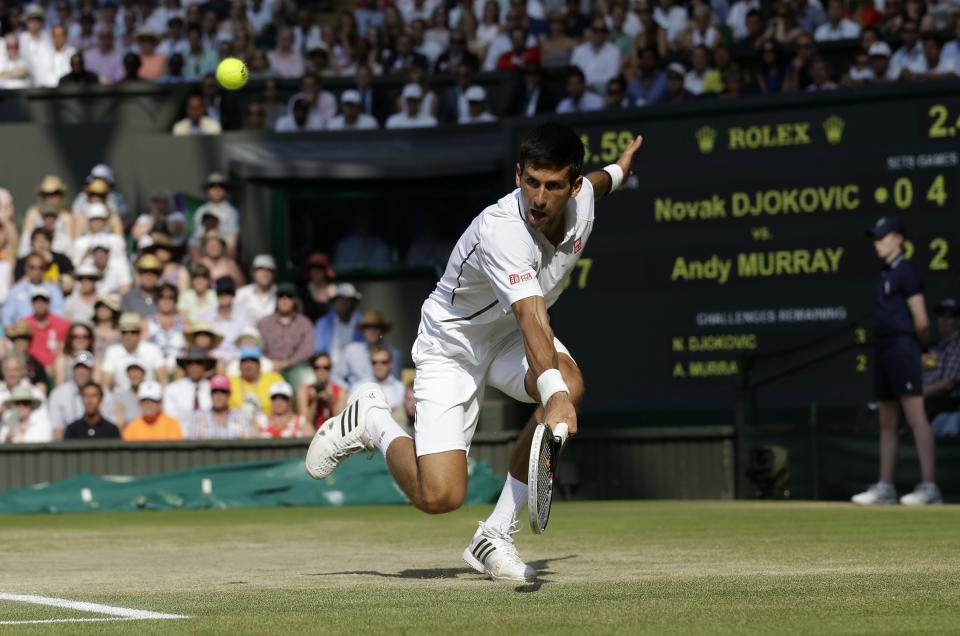 Serbia's Novak Djokovic in his Men's Final against Great Britain's Andy Murray during day thirteen of the Wimbledon Championships at The All England Lawn Tennis and Croquet Club, Wimbledon.