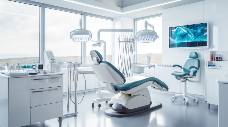 An overhead view of a dental practice, showcasing the variety of infection control products used in the office.