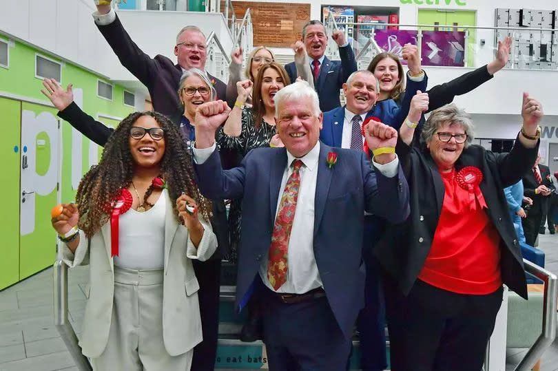 Knowsley Local Election 2024 as newly elected Labour candidates for Knowsley celebrate with Council leader Cllr Graham Morgan.