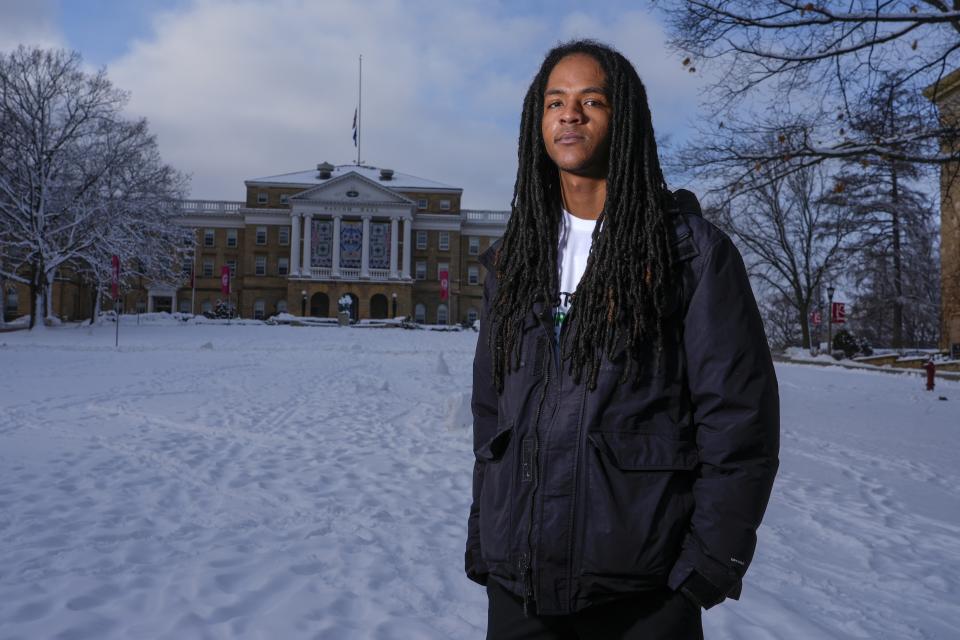 University of Wisconsin student Kaleb Autman poses for a photo outside Bascom Hall, Thursday, Jan. 11, 2024, in Madison, Wis. On college campuses, a newer version of free speech is emerging as young generations redraw the line where expression crosses into harm. (AP Photo/Morry Gash)