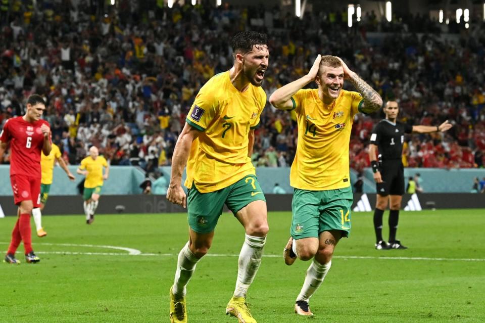 Magic: Mathew Leckie sent Australia through to the World Cup knockouts  (Getty Images)