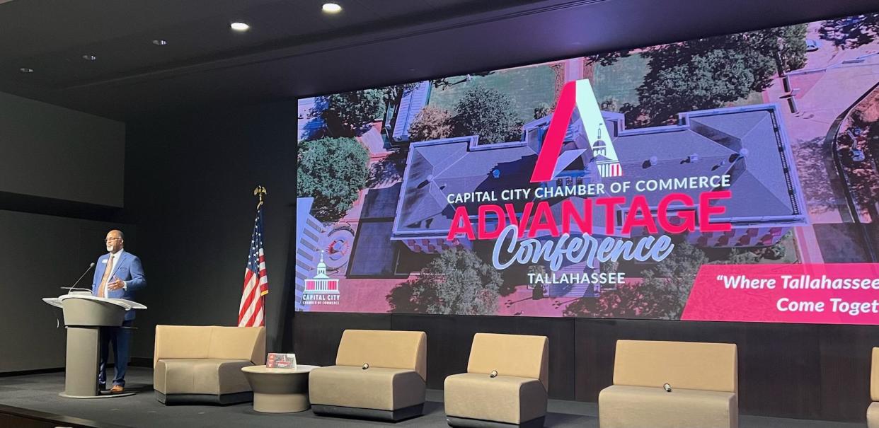 Byron Greene, chairman of the Capital City Chamber of Commerce Board of Directors, offers opening remarks at the Advantage Conference Wednesday, Sept. 21, 2022.