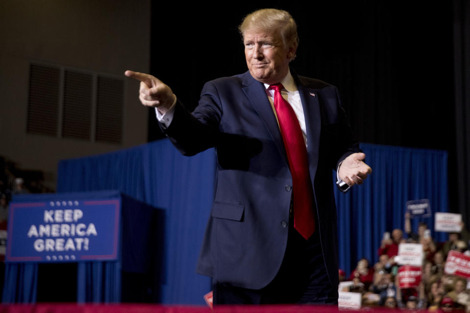 President Donald Trump arrives at a rally at BancorpSouth Arena in Tupelo, Miss., Friday, Nov. 1, 2019, to attend a rally. (AP Photo/Andrew Harnik)