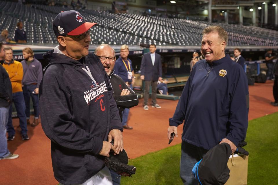 Former Guardians manager Terry Francona and longtime team radio broadcaster Tom Hamilton have a laugh.