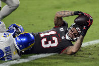 Tampa Bay Buccaneers wide receiver Mike Evans (13) scores on a 9-yard touchdown reception from Tom Brady during the first half of an NFL football game against the Los Angeles Rams Monday, Nov. 23, 2020, in Tampa, Fla. (AP Photo/Jason Behnken)