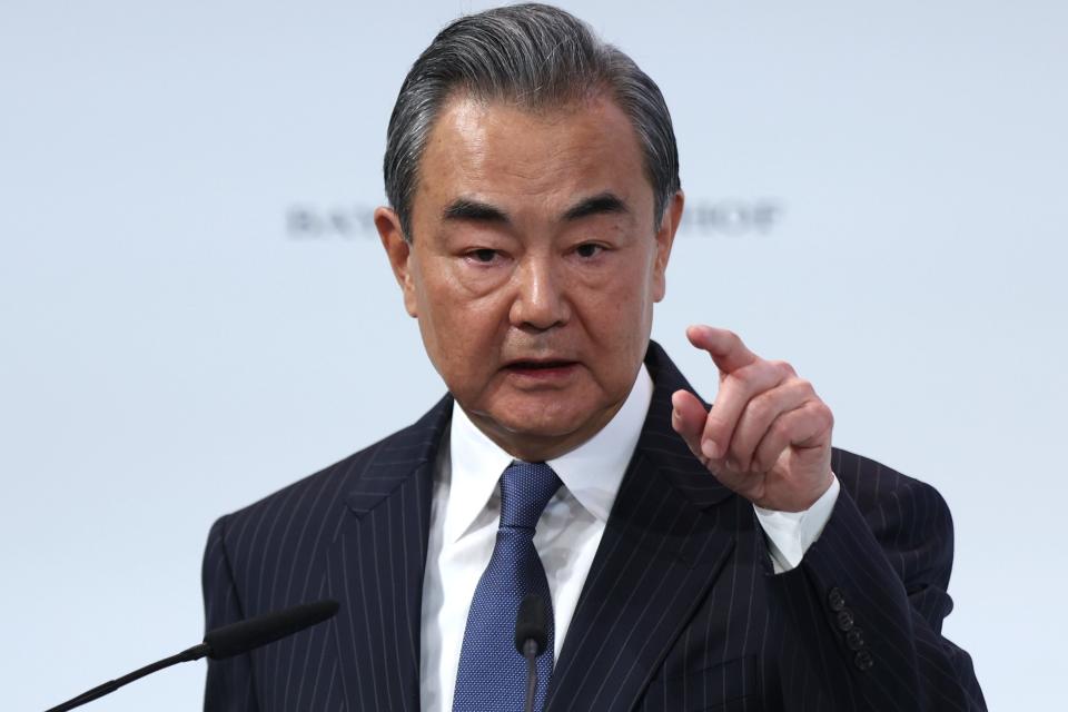 Chinese foreign affairs Minister Wang Yi speaks during the 2023 Munich Security Conference (MSC) on February 18, 2023 in Munich, Germany. The Munich Security Conference brings together defence leaders and stakeholders from around the world and is taking place February 17-19.