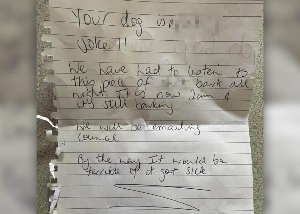 The angry letter the man received last month about his dog.