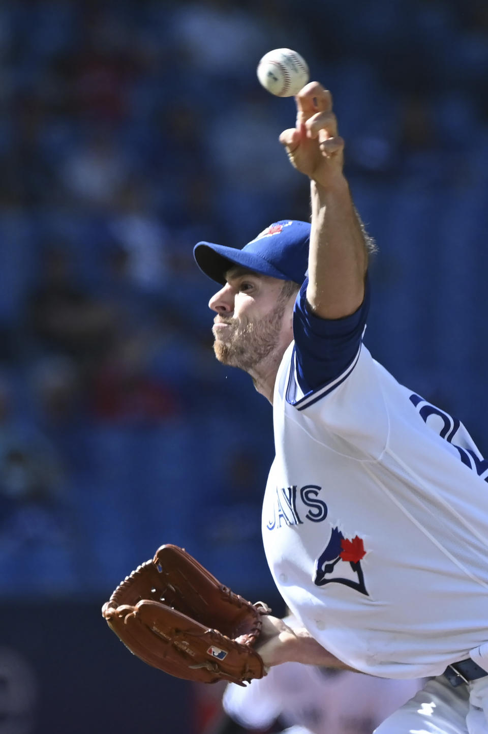 Toronto Blue Jays' Steven Matz pitches in the first inning of a baseball game against the Minnesota Twins in Toronto on Saturday, Sept. 18, 2021. (Jon Blacker/The Canadian Press via AP)