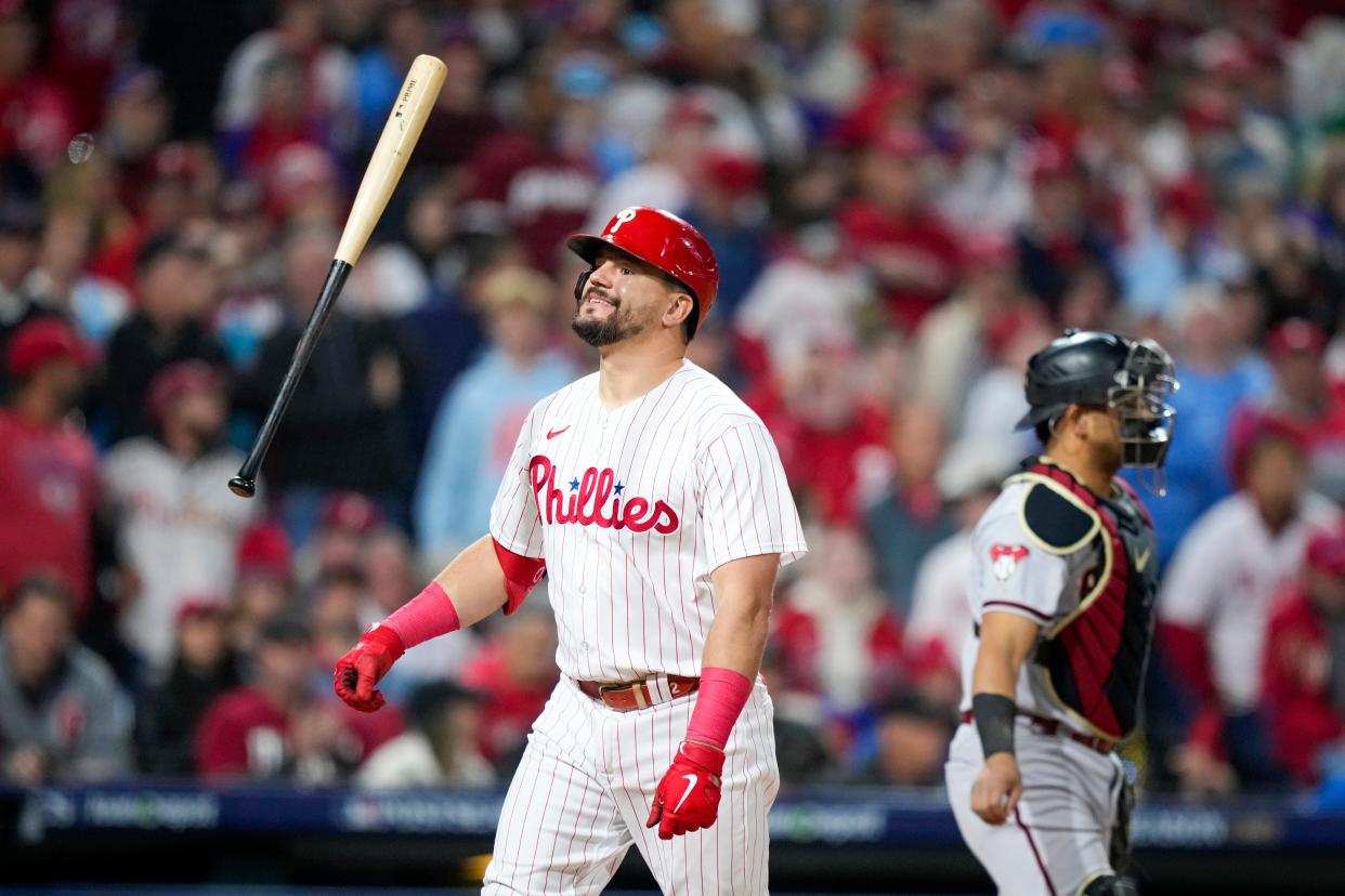 Philadelphia Phillies' Kyle Schwarber reacts after striking out against the Arizona Diamondbacks during the fifth inning in Game 6 of the baseball NL Championship Series in Philadelphia Monday, Oct. 23, 2023.