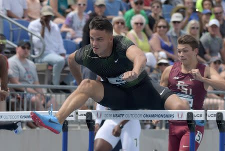 Jun 23, 2018; Des Moines, IA, USA; Devon Allen wins 110m hurdles heat in 13.45 for the top time during the USA Championships at Drake Stadium. Mandatory Credit: Kirby Lee-USA TODAY Sports