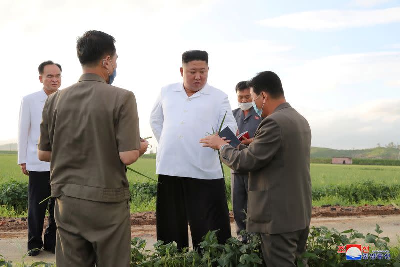 North Korean leader Kim Jong Un inspects the typhoon-damaged area in South Hwanghae Province