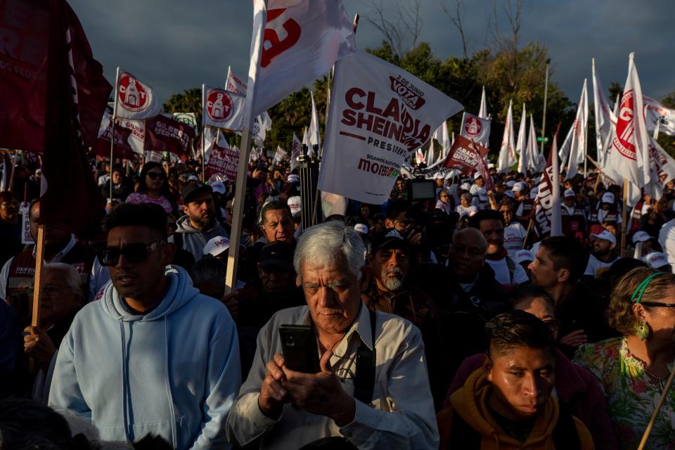 Supporters of Claudia Sheinbaum, the Mexican presidential candidate for the MORENA ruling party, attend a political rally at The Tromp Interactive Museum in the border city of Tijuana, Mexico on April 12, 2024. Sheinbaum visited the border cities of Mexicali and Tijuana and spoke of the need to protect Mexican migrants in the U.S. from discrimination.