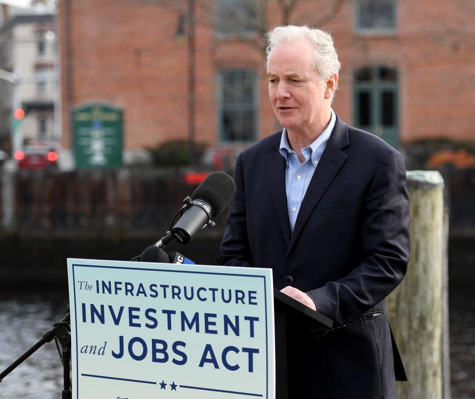 U.S. Senator Chris Van Hollen highlights the Infrastructure Law Investment and Jobs Act and it's effect on flood mitigation and climate change Monday, Dec. 6, 2021, in Salisbury, Maryland.