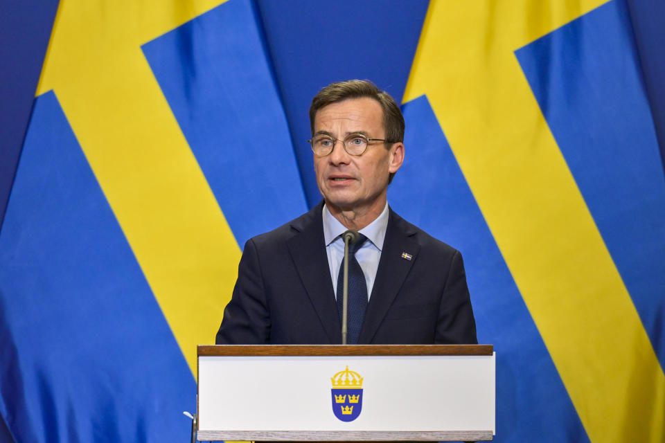 Sweden's Prime Minister Ulf Kristersson speaks during a press conference with his Hungarian counterpart Viktor Orban at the Carmelite Monastery in Budapest, Hungary, Friday, Feb 23, 2024. Nearly two years after Sweden formally applied to join NATO, its membership now hinges on convincing one country - Viktor Orban's Hungary - to formally ratify its bid to join the military alliance. (AP Photo/Denes Erdos)