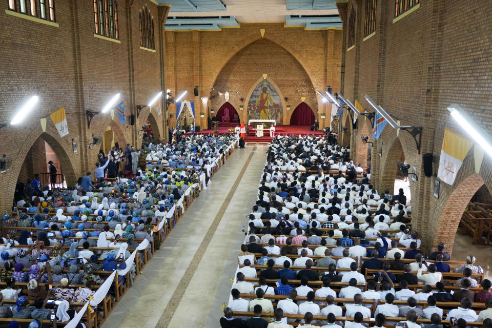 Pope Francis meets with priests, deacons, consecrated people and seminarians at the "Notre Dame du Congo" cathedral in Kinshasa, Democratic Republic of Congo, Thursday, Feb. 2, 2023. Francis is in Congo and South Sudan for a six-day trip, hoping to bring comfort and encouragement to two countries that have been riven by poverty, conflicts and what he calls a "colonialist mentality" that has exploited Africa for centuries. (AP Photo/Gregorio Borgia)