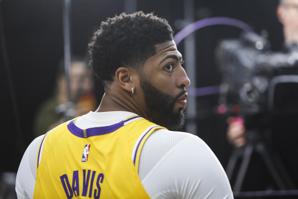 Los Angeles Lakers forward Anthony Davis attends the NBA basketball team's media day in El Segundo, Calif., Friday, Sept. 27, 2019. (AP Photo/Ringo H.W. Chiu)