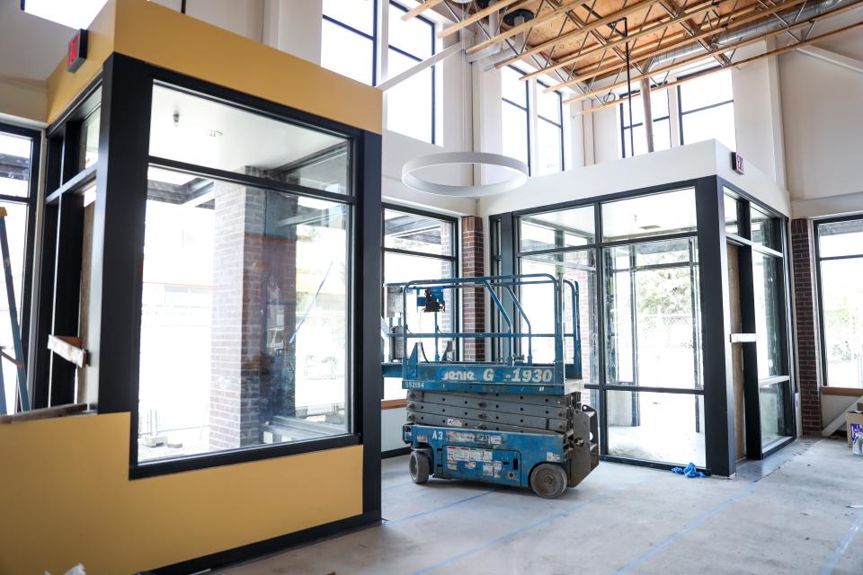 The lobby is nearing completion at AWARE Food Bank’s new location at 152 Arthur St. on Tuesday, Aug. 22, 2023 in Woodburn, Ore. People using the food bank will be able to come in and shop the aisles, similar to any grocery store.