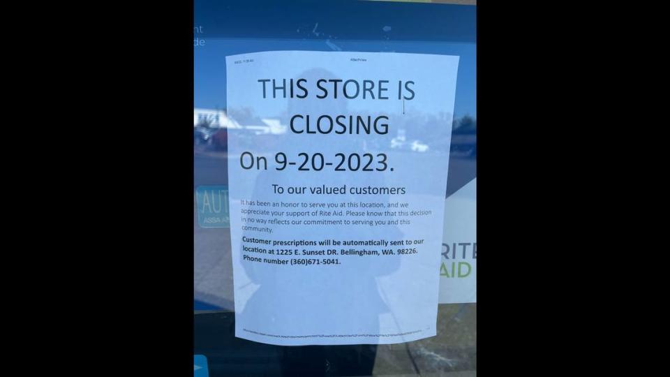 A closure sign posted outside RiteAid pharmacy at 222 Telegraph Rd. in Bellingham, Wash. on Friday, Sept. 15, 2023.
