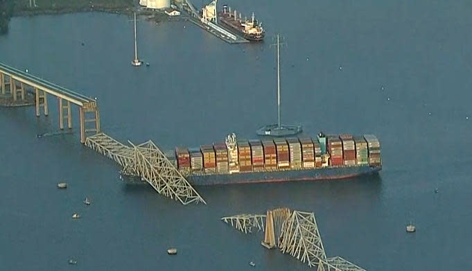 Aerial view of the Francis Scott Key Bridge in Baltimore, Maryland, after it was struck by a cargo ship and partly collapsed on March 26, 2024. / Credit: CBS News Baltimore