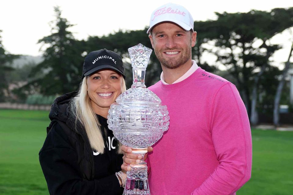 <p>Ezra Shaw/Getty </p> Wyndham Clark and Alicia Bogdanski at the AT&T Pebble Beach Pro-Am on February 05, 2024 in Pebble Beach, California.