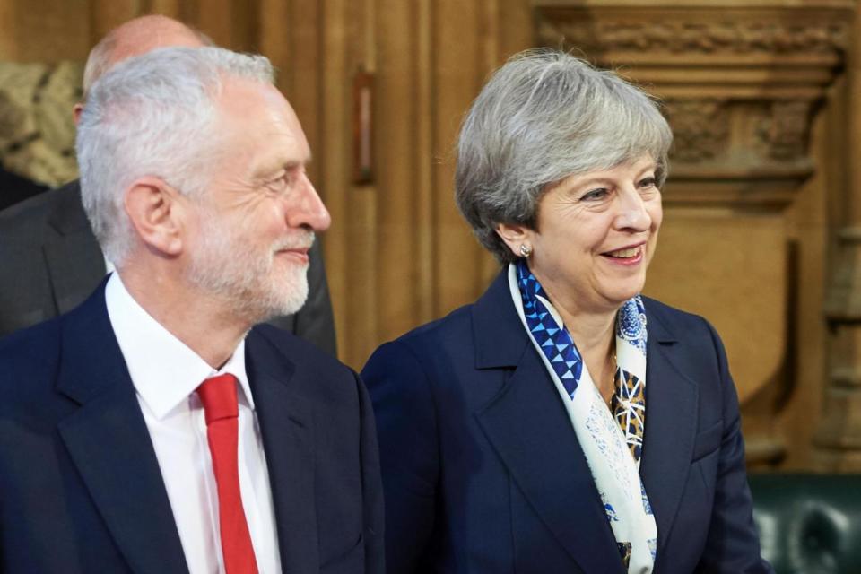 Jeremy Corbyn and Theresa May at the Queen's Speech today. (AFP/Getty Images)