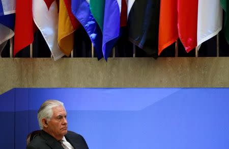 U.S. Secretary of State Rex Tillerson listens to remarks at the morning ministerial plenary for the Global Coalition working to Defeat ISIS at the State Department in Washington, U.S., March 22, 2017. REUTERS/Joshua Roberts
