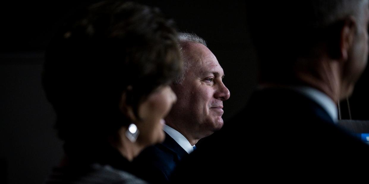 House Republican Whip Steve Scalise of Louisiana looks on during a press conference on Capitol Hill on November 2, 2021.