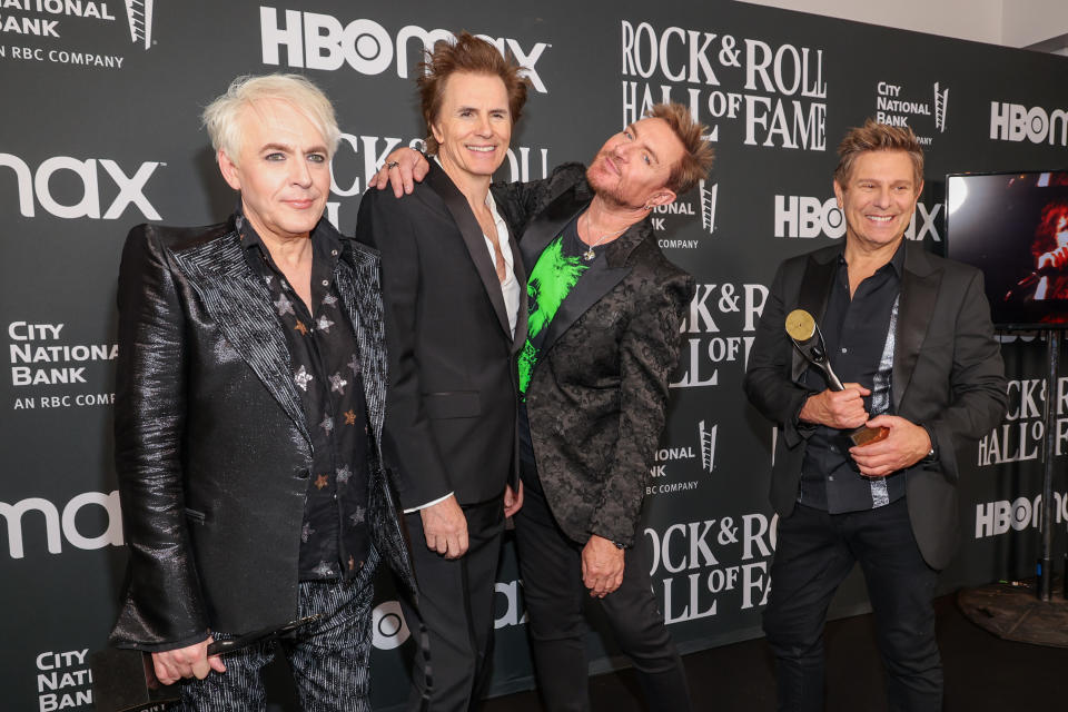 Duran Duran, Nick Rhodes, John Taylor, Simon Le Bon, and Roger Taylor at the 2022 Rock & Roll Hall of Fame Induction Ceremony Red Carpet held at the Microsoft Theatre on November 5, 2022 in Los Angeles, California.