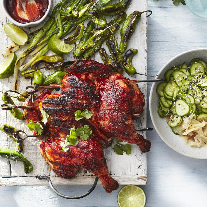 Korean Barbecue Spatchcock Chicken with Shishitos and Scallions