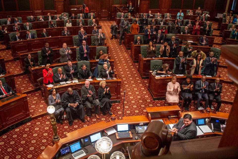 Gov. JB Pritzker prepares to begin delivering a State of the State address Jan. 29, 2020, at the Capitol in Springfield. Pritzker is scheduled to give his budget and State of the State address in-person at the Capitol on Wednesday, Feb. 2. His 2021 address was done virtually due to the COVID-19 pandemic.