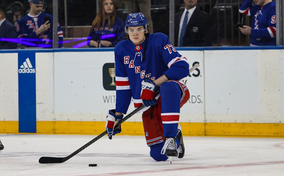 Apr 11, 2024; New York, New York, USA; New York Rangers center Matt Rempe (73) warms up before the first period at Madison Square Garden.