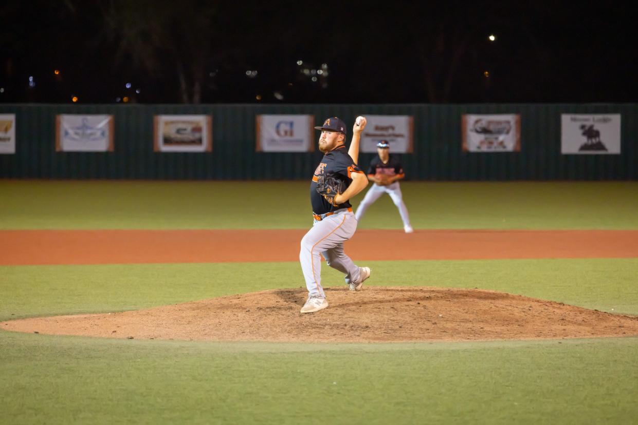 Artesia's Daelon Pacheco fires a pitch against the Lovington Wildcats on April 26, 2024.