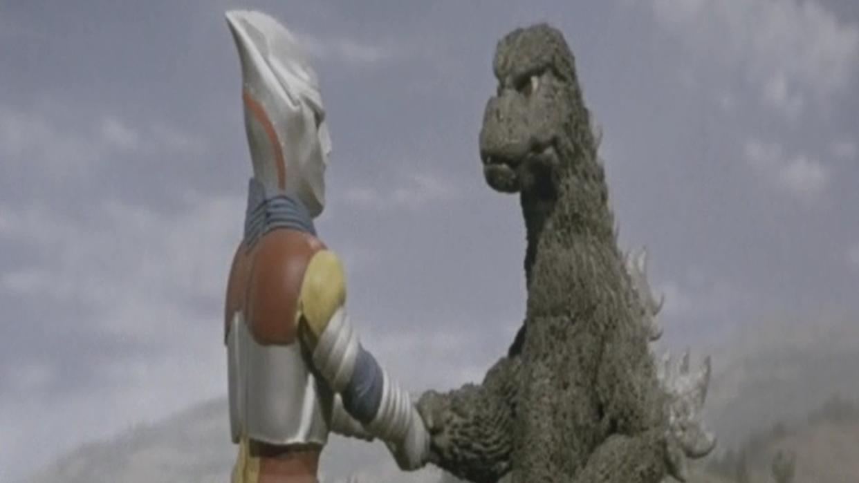  Godzilla shaking hands with Jet Jaguar in Godzilla vs. Megalon. 