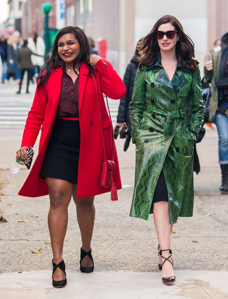 Anne Hathaway and Mindy Kaling seen filming 'Ocean's 8' in Brooklyn, NY. Pictured: Mindy Kaling, Anne Hathaway Ref: SPL1403695 031216 Picture by: Allan Bregg / SPLASH NEWS Splash News and Pictures Los Angeles:310-821-2666 New York:212-619-2666 London:870-934-2666 photodesk@splashnews.com 