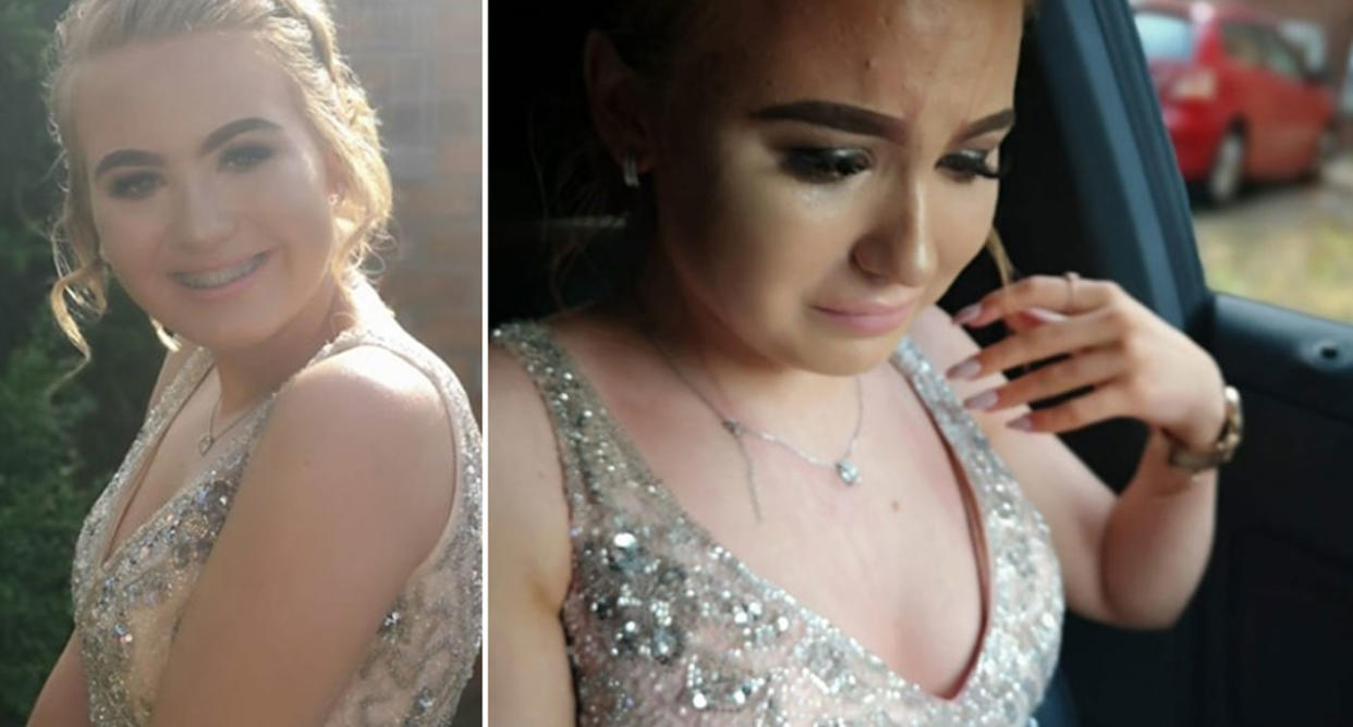 Pictured left is Emilee Perry, 16, in her formal gown and right upset after juice was thrown over her.  