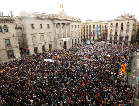 Protesters gather in Sant Jaume square at a demonstration during a partial regional strike in Barcelona, Spain, November 8, 2017. REUTERS/Albert Gea