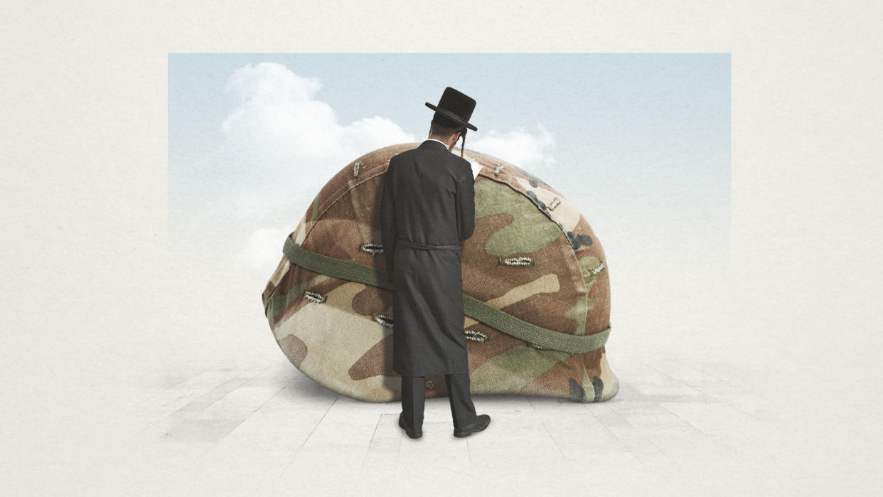  Illustration of an Orthodox Jew standing in front of a military helmet. 