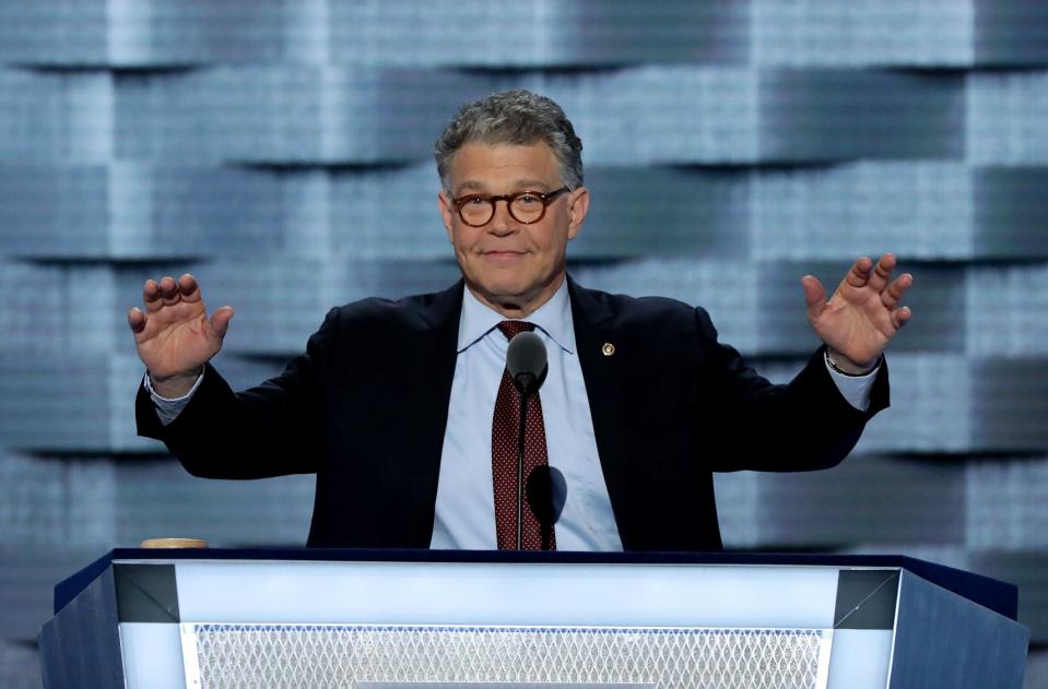 Sen. Al Franken (D-MN) delivers remarks on the first day of the Democratic National Convention at the Wells Fargo Center, July 25, 2016, in Philadelphia, Pennsylvania.