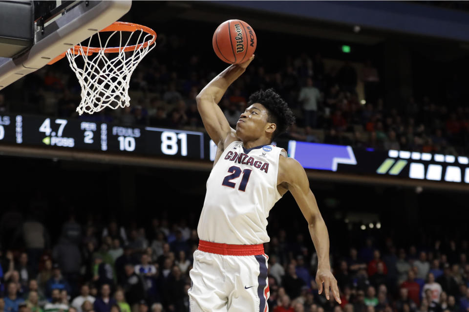 Gonzaga forward Rui Hachimura dunks against Ohio State during the second half of a second-round game in the NCAA men’s college basketball tournament Saturday, March 17, 2018, in Boise, Idaho. (AP Photo/Otto Kitsinger)