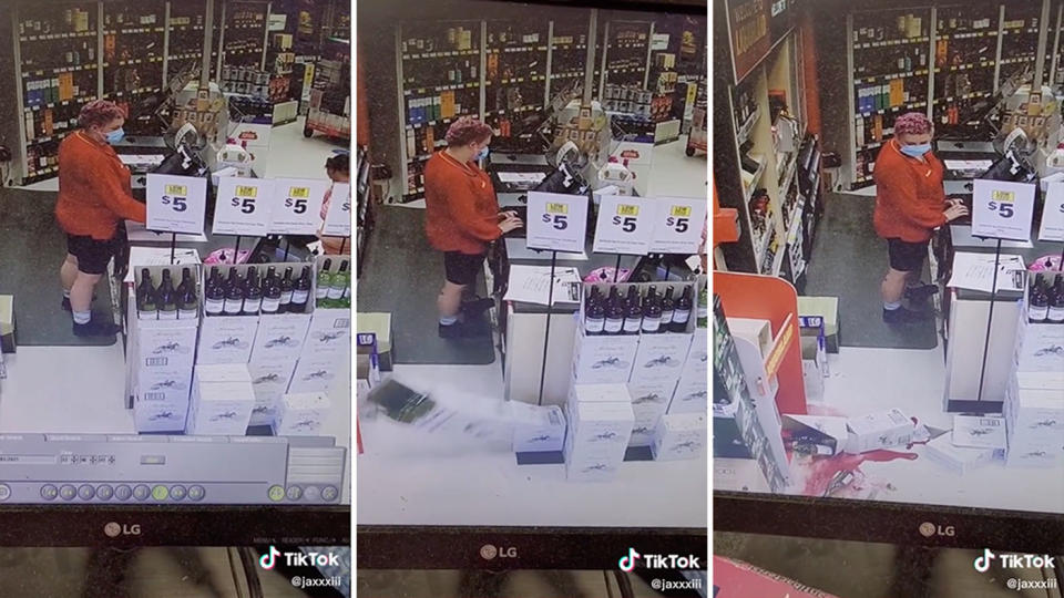 Tiktok stills of Liquorland wine bottles falling.