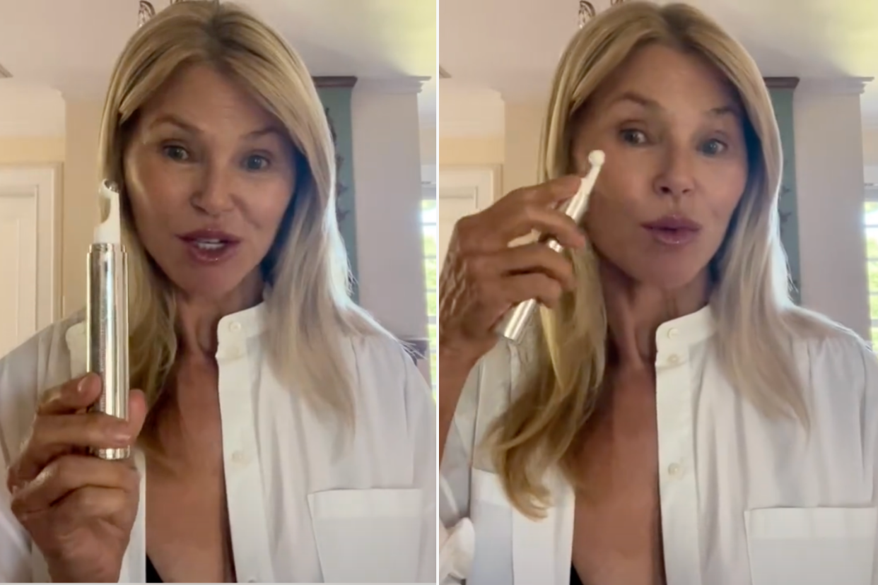 Christie Brinkley in white top applying sbla beauty eye lift wand around eye area, christie brinkley anti-aging skincare, Christie Brinkley, 70, loves this SBLA Eye Lift Wand — and it's on sale (photos via Christie Brinkley/Instagram).