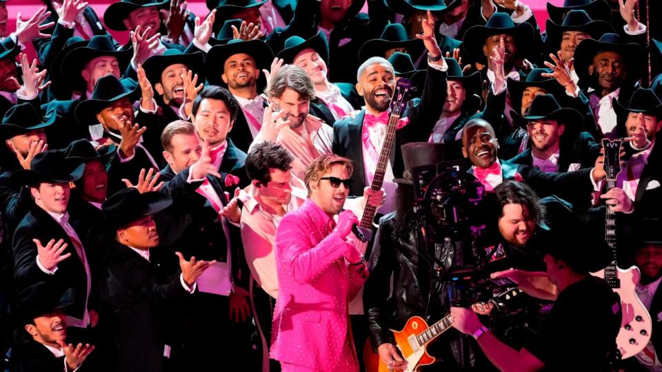 PHOTO: Ryan Gosling performs the song 'I'm Just Ken' from the movie 'Barbie' during the Oscars, March 10, 2024, at the Dolby Theatre in Los Angeles.  (Chris Pizzello/Invision/AP)