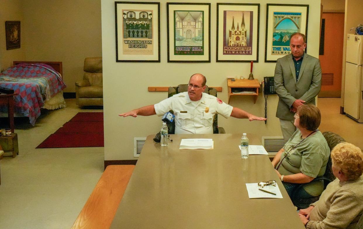 Milwaukee Fire Department Chief Aaron Lipski, left, and Eric Daun, Local 215 board member president, discuss how the budget reductions create a greater risk for staff and community members Wednesday, Oct. 5, 2022, at MFD Station 35 located at 100 N. 64th St., Milwaukee.