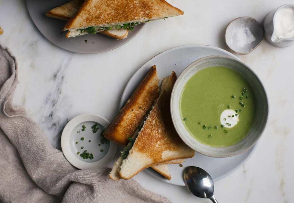 <a href="https://www.acozykitchen.com/simple-asparagus-soup-and-an-extra-cheesy-grilled-cheese-with-broccolini">Grilled Cheese With Broccoli and a Simple Asparagus Soup</a> from <a href="https://www.acozykitchen.com/">A Cozy Kitchen</a>