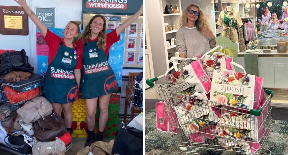 Bunnings workers with handbags; Woman with shopping trolley full of Zjoosh bags